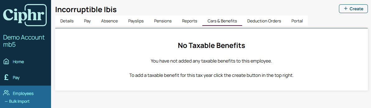 Cars and Benefits tab on an employee record showing the No Taxable Benefits message and the + Create button
