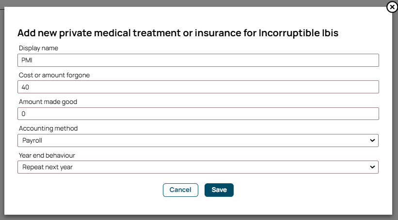Employee payslip showing PMI listed under Taxable Benefit with Gross for Tax updated