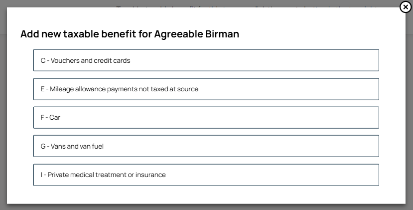 Add new private medical treatment or insurance form with fields for Display name, Cost or amount forgone, Amount made good, Accounting method and Year end behaviour