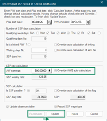SSP entry form showing PIW start and end date fields and the Calculate button