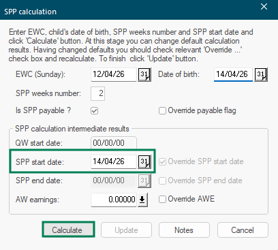 SPP entry form showing EWC, birth date, and SPP start date fields with the Calculate button