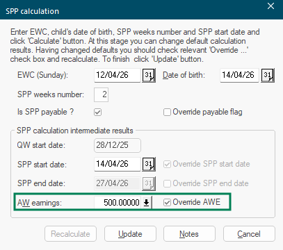 AWE prompt for SPP showing the average weekly earnings field and override checkbox