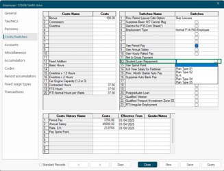 Costs/Switches tab showing the Student Loan Repayment switch with loan type options
