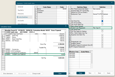 Query results showing the student loan deduction calculated and shown on the employee's payslip summary