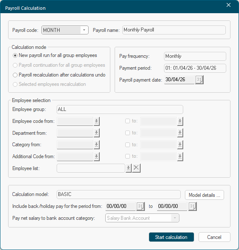 Payroll menu with Start Calculation option highlighted