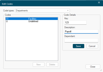 New Department dialog showing the Key and Description fields with the OK button