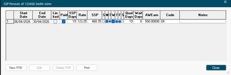 SSP periods table showing the recorded period of incapacity with calculated SSP amounts