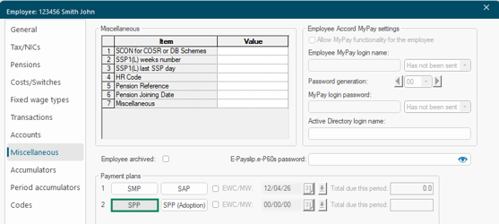 Employee Miscellaneous tab with the SPP button highlighted
