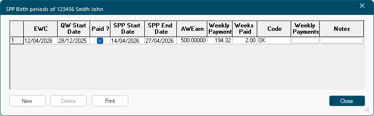SPP payment plan table showing the planned paternity pay payments