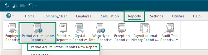 Reports menu open showing Period Accumulators Reports submenu with New Report option highlighted