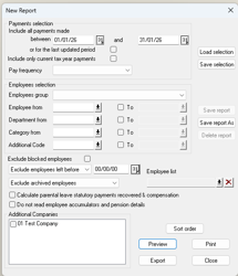 Report parameters dialog showing date range selection fields and other filter options