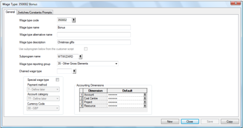 Copy Wage Type dialog showing new Code and Description fields with the Create a Copy button