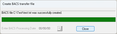 Confirmation dialog showing the BACS payment file has been created successfully