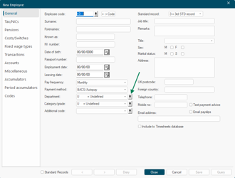 Employee record General tab with the Department drop-down field highlighted showing existing department codes