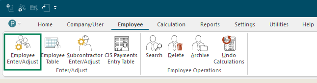 Accord Payroll toolbar showing the Employee Enter/Adjust shortcut button highlighted
