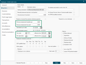 Employee form showing the Tax/NICs tab with fields for tax code, NIC table letter, and previous employment figures