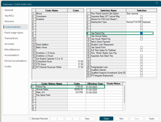 Employee form showing the Costs/Switches tab with pay rate fields and pay switch options