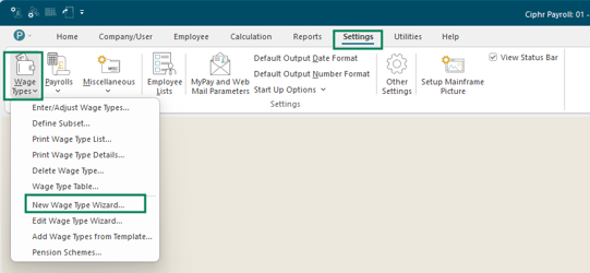 Payroll menu showing Wage Type Wizard submenu with New option highlighted