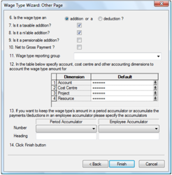 Wage Type Wizard page 2 showing additional configuration fields for tax, NIC, and payslip settings