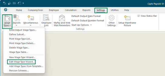 Payroll menu showing Wage Type Wizard submenu with Edit option highlighted