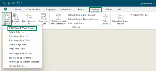 Wage type selection list showing existing custom wage types with the OK button