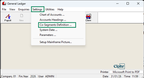 Co-Segments Definition screen showing the list of existing cost centres