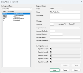 New cost centre entry form