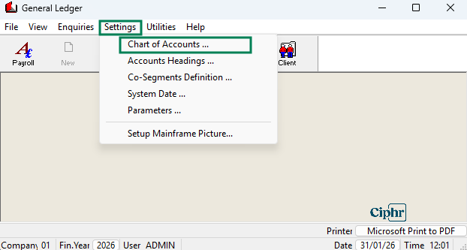 Chart of Accounts screen showing the list of existing nominal codes