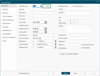 New Employee form showing the General tab with fields for name, NI number, employment date, department, and pay frequency