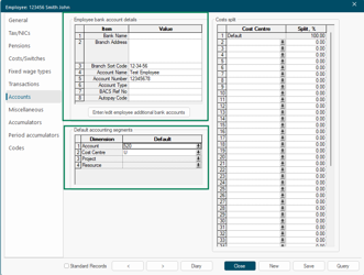 Employee form showing the Accounts tab with bank account details fields