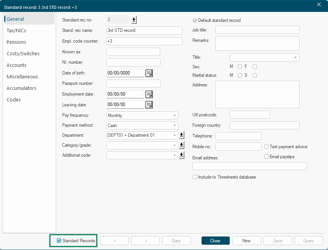 Employee form with the STD Record checkbox ticked, showing default values for new employees