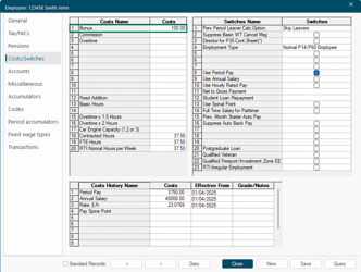 Employee form Costs/Switches tab showing user-definable quick-entry fields for common payments and deductions