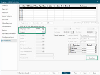 Transaction entry showing amount field and Save New button