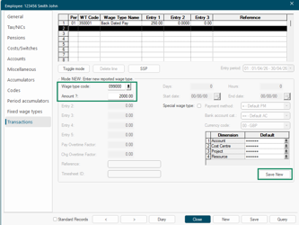 Transaction entry form showing the override amount entered for wage type 099000