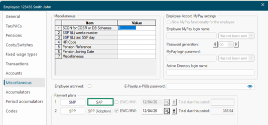Employee Miscellaneous tab with the SAP button highlighted