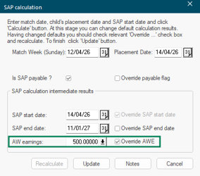 AWE prompt for SAP showing the average weekly earnings field and override checkbox