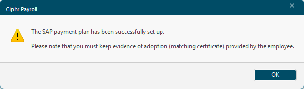 Close button confirming the SAP plan setup is complete