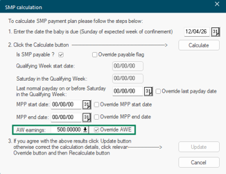 SMP AWE override prompt showing the average weekly earnings field and override checkbox