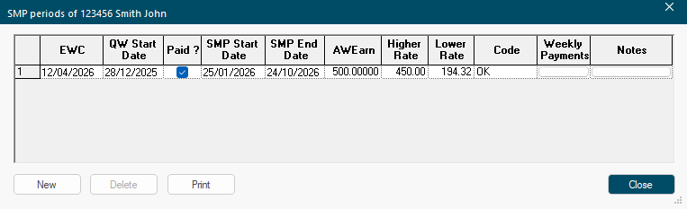 Confirmation showing the SMP payment plan has been set up on the employee's record