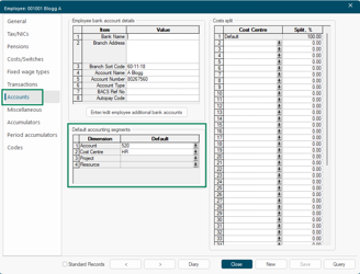 Employee Accounts tab showing updated cost centre and nominal account assignments
