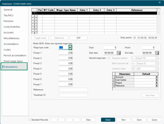 Employee form showing the Transactions tab
