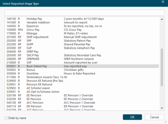 Wage type selection list showing available payment and deduction types