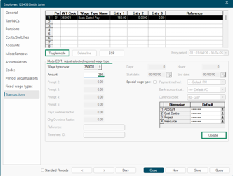 Transactions tab showing Mode EDIT indicator and a highlighted wage type row ready for editing