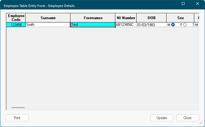 Main toolbar with the Employee Entry Tables shortcut button highlighted