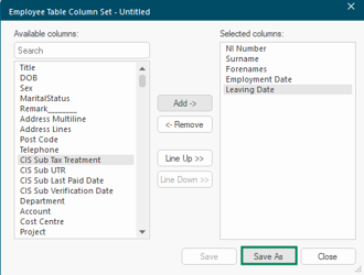 New table setup dialog with the Add New button for creating a column set