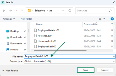 Column selection dialog showing available columns being moved to the selected list