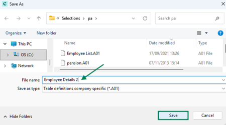 Filename entry field for the new column set