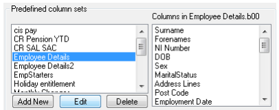 Column Sets screen with the Edit button highlighted