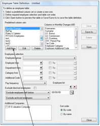 Table definition showing the configured column set
