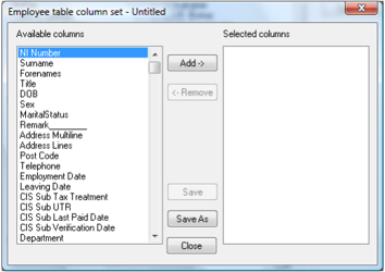 Add New button to create an additional column set for the table